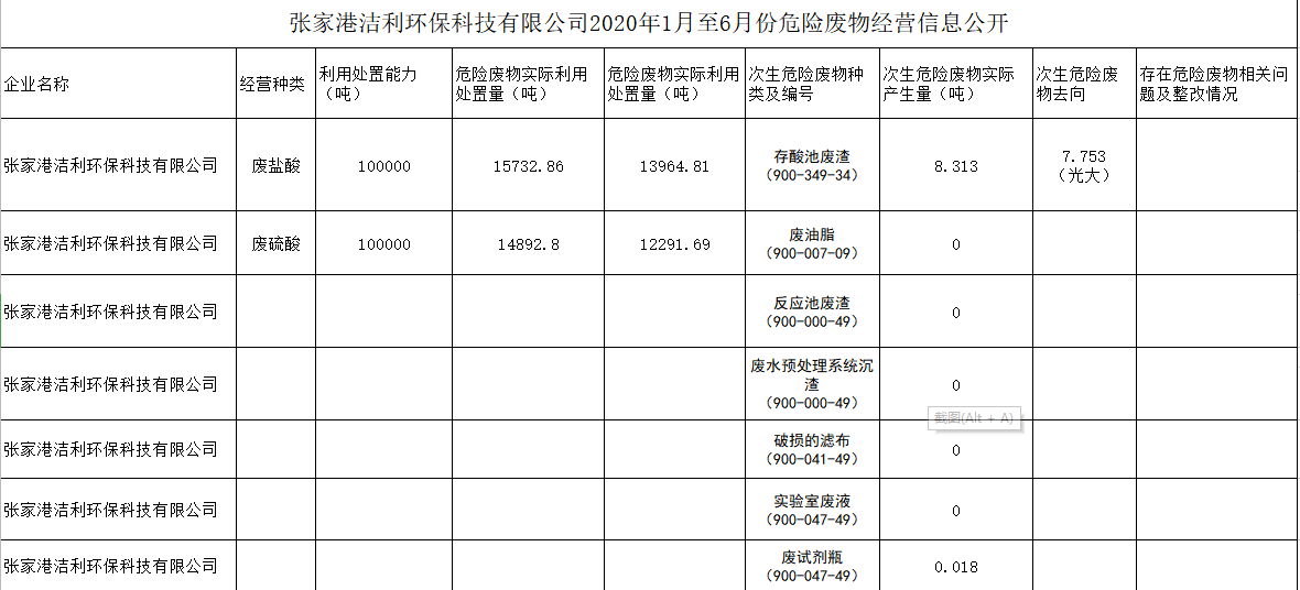 张家港洁利环保科技有限公司2020年1月至6月份